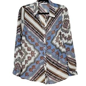 TIMING Vintage-Inspired Printed Button Down Multi-Colored Blouse Size M